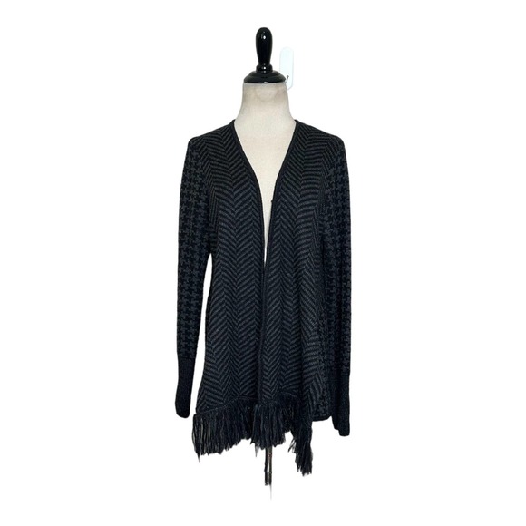 Thakoon Gray Black Herringbone  Knit Fringe Cardigan Sweater size Large - Picture 1 of 11